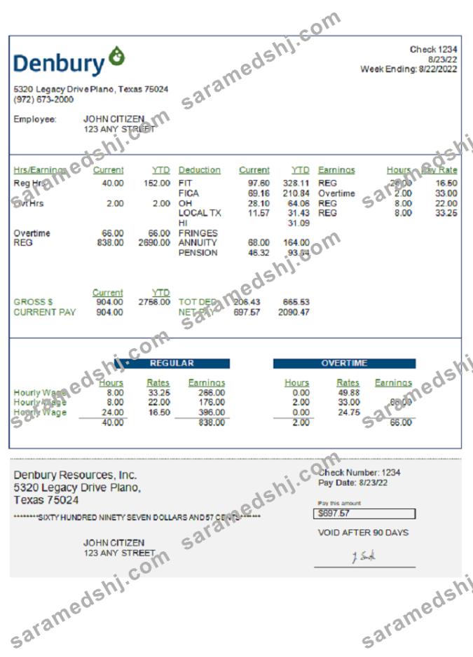 USA Denbury Resources Inc. oil & gas company pay stub